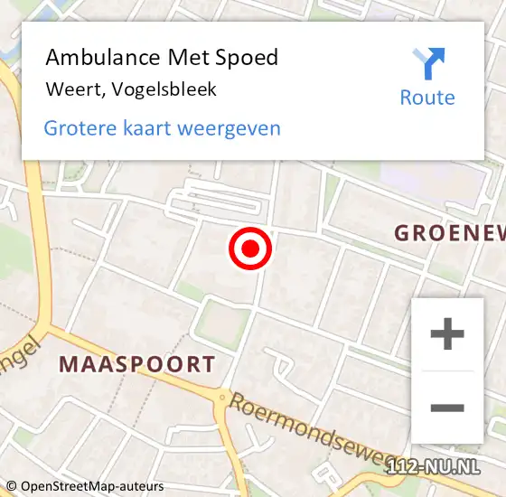 Locatie op kaart van de 112 melding: Ambulance Met Spoed Naar Weert, Vogelsbleek op 17 mei 2024 22:05