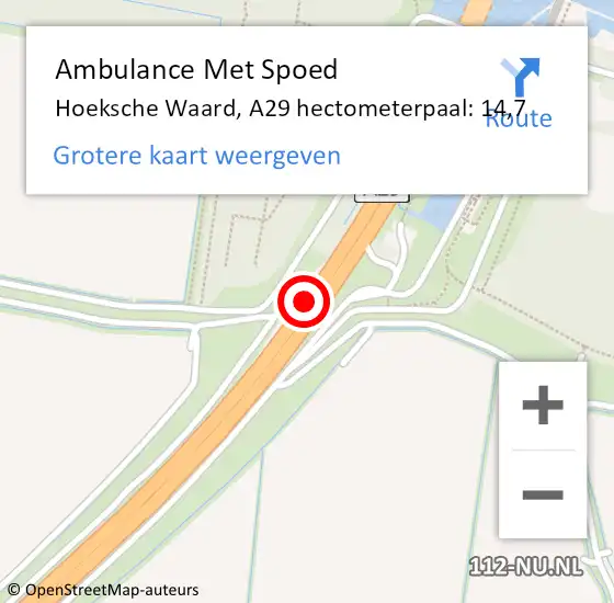 Locatie op kaart van de 112 melding: Ambulance Met Spoed Naar Hoeksche Waard, A29 hectometerpaal: 14,7 op 17 mei 2024 23:23