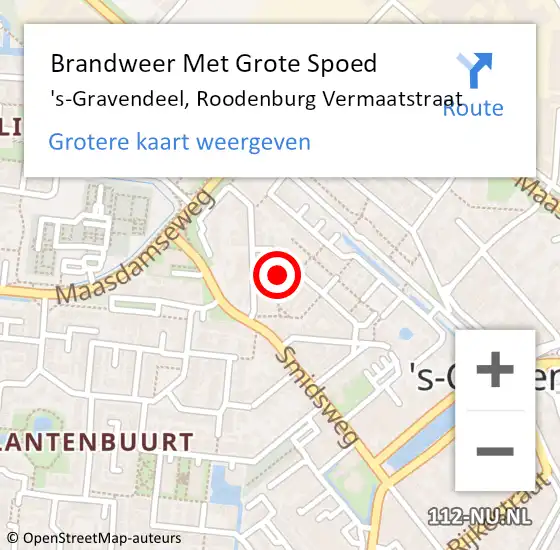 Locatie op kaart van de 112 melding: Brandweer Met Grote Spoed Naar 's-Gravendeel, Roodenburg Vermaatstraat op 17 mei 2024 23:26