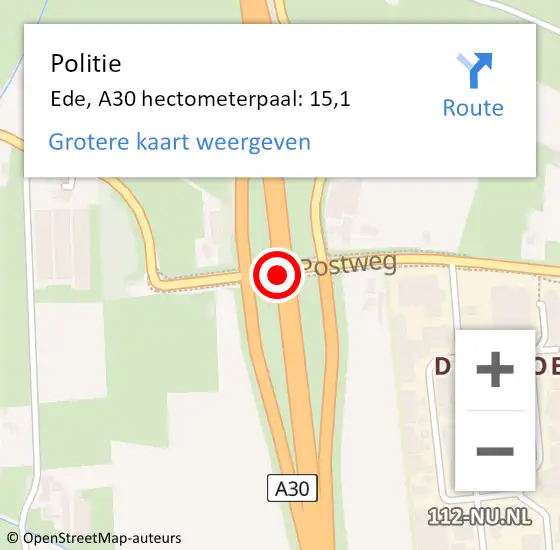 Locatie op kaart van de 112 melding: Politie Ede, A30 hectometerpaal: 15,1 op 18 mei 2024 00:04