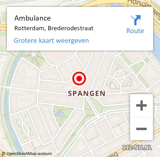 Locatie op kaart van de 112 melding: Ambulance Rotterdam, Brederodestraat op 18 mei 2024 01:32