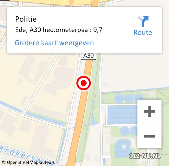 Locatie op kaart van de 112 melding: Politie Ede, A30 hectometerpaal: 9,7 op 18 mei 2024 01:51