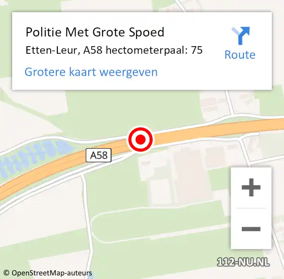 Locatie op kaart van de 112 melding: Politie Met Grote Spoed Naar Etten-Leur, A58 hectometerpaal: 75 op 18 mei 2024 01:52