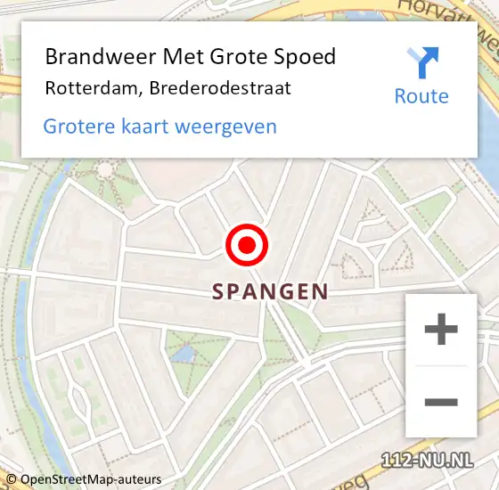 Locatie op kaart van de 112 melding: Brandweer Met Grote Spoed Naar Rotterdam, Brederodestraat op 18 mei 2024 01:53
