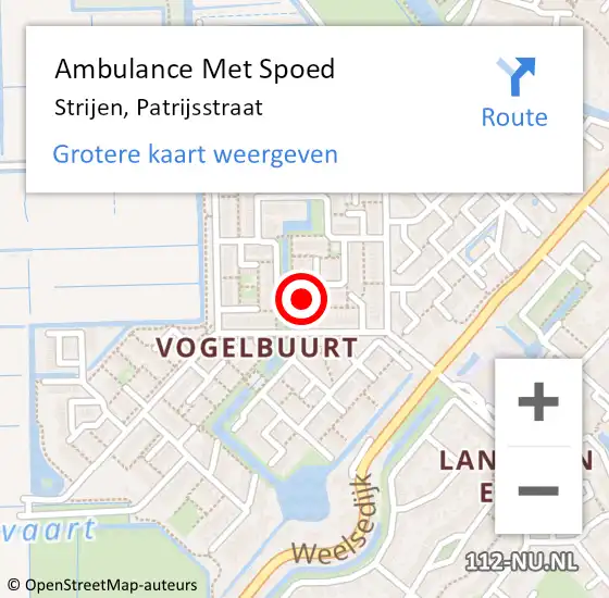 Locatie op kaart van de 112 melding: Ambulance Met Spoed Naar Strijen, Patrijsstraat op 18 mei 2024 02:35