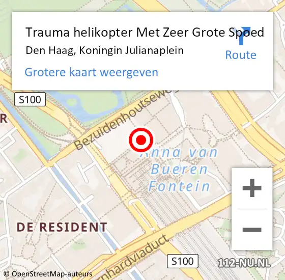 Locatie op kaart van de 112 melding: Trauma helikopter Met Zeer Grote Spoed Naar Den Haag, Koningin Julianaplein op 18 mei 2024 02:38