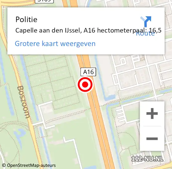 Locatie op kaart van de 112 melding: Politie Capelle aan den IJssel, A16 hectometerpaal: 16,5 op 18 mei 2024 03:51