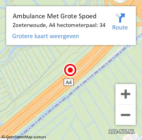 Locatie op kaart van de 112 melding: Ambulance Met Grote Spoed Naar Zoeterwoude, A4 hectometerpaal: 34 op 18 mei 2024 04:40