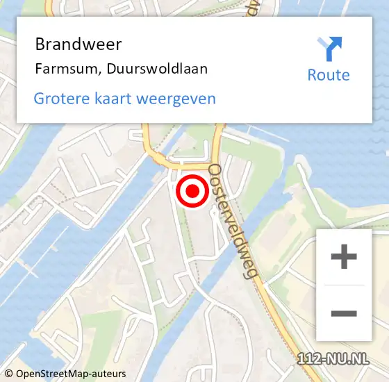 Locatie op kaart van de 112 melding: Brandweer Farmsum, Duurswoldlaan op 18 mei 2024 09:06