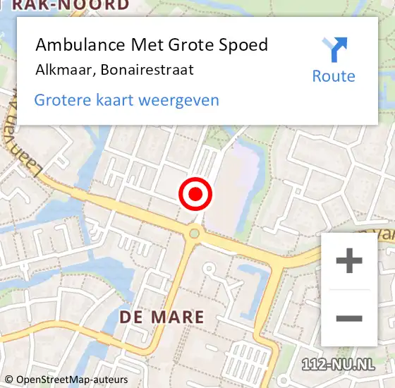 Locatie op kaart van de 112 melding: Ambulance Met Grote Spoed Naar Alkmaar, Bonairestraat op 18 mei 2024 09:18
