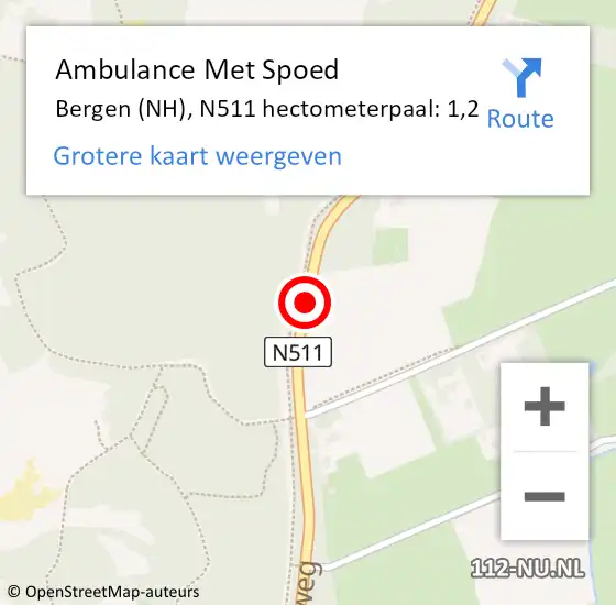 Locatie op kaart van de 112 melding: Ambulance Met Spoed Naar Bergen (NH), N511 hectometerpaal: 1,2 op 18 mei 2024 09:43