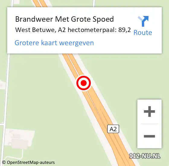 Locatie op kaart van de 112 melding: Brandweer Met Grote Spoed Naar West Betuwe, A2 hectometerpaal: 89,2 op 18 mei 2024 09:46