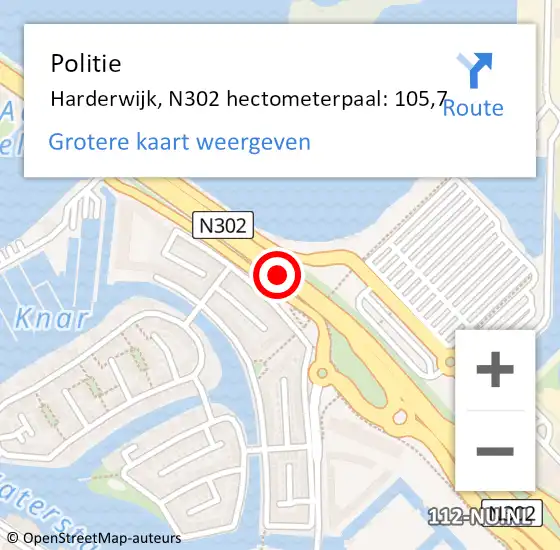Locatie op kaart van de 112 melding: Politie Harderwijk, N302 hectometerpaal: 105,7 op 18 mei 2024 09:47