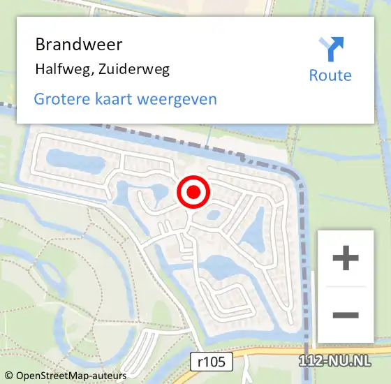 Locatie op kaart van de 112 melding: Brandweer Halfweg, Zuiderweg op 18 mei 2024 10:28