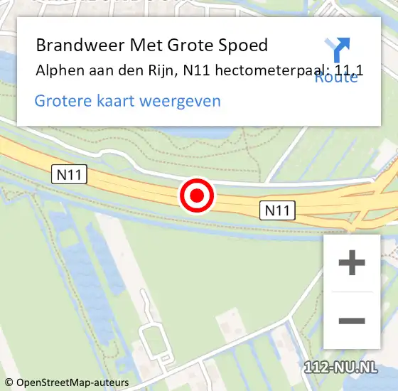 Locatie op kaart van de 112 melding: Brandweer Met Grote Spoed Naar Alphen aan den Rijn, N11 hectometerpaal: 11,1 op 18 mei 2024 10:35