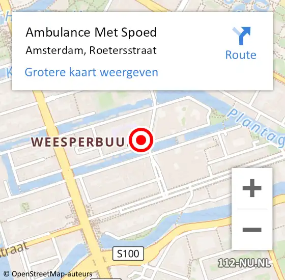 Locatie op kaart van de 112 melding: Ambulance Met Spoed Naar Amsterdam, Roetersstraat op 18 mei 2024 10:35