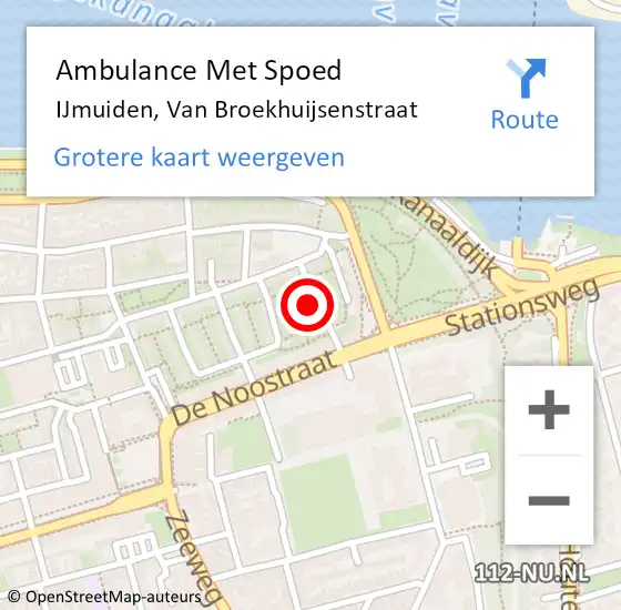 Locatie op kaart van de 112 melding: Ambulance Met Spoed Naar IJmuiden, Van Broekhuijsenstraat op 18 mei 2024 11:56