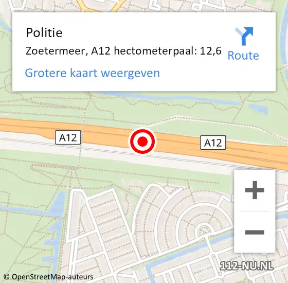 Locatie op kaart van de 112 melding: Politie Zoetermeer, A12 hectometerpaal: 12,6 op 18 mei 2024 12:32