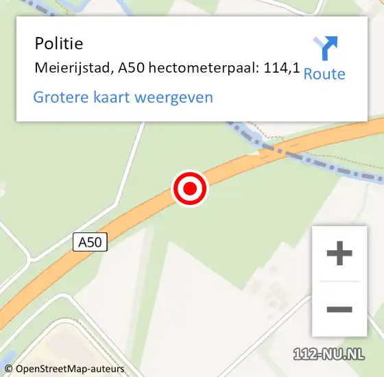 Locatie op kaart van de 112 melding: Politie Meierijstad, A50 hectometerpaal: 114,1 op 18 mei 2024 13:08