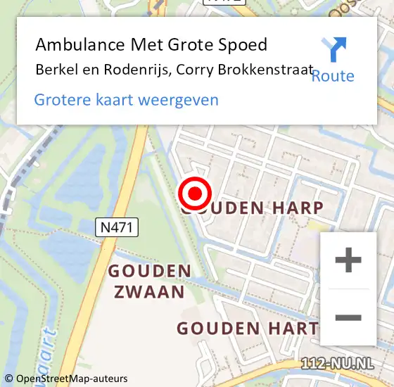 Locatie op kaart van de 112 melding: Ambulance Met Grote Spoed Naar Berkel en Rodenrijs, Corry Brokkenstraat op 18 mei 2024 13:24