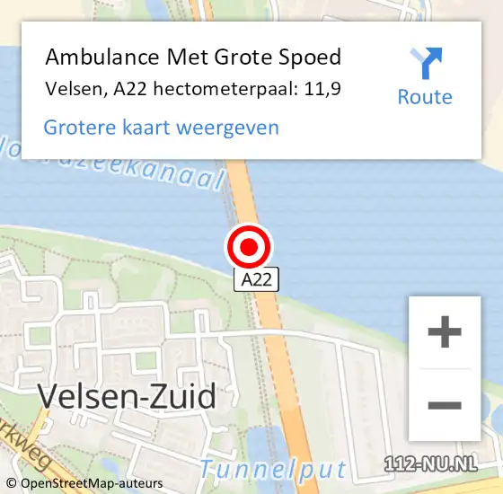 Locatie op kaart van de 112 melding: Ambulance Met Grote Spoed Naar Velsen, A22 hectometerpaal: 11,9 op 18 mei 2024 13:47
