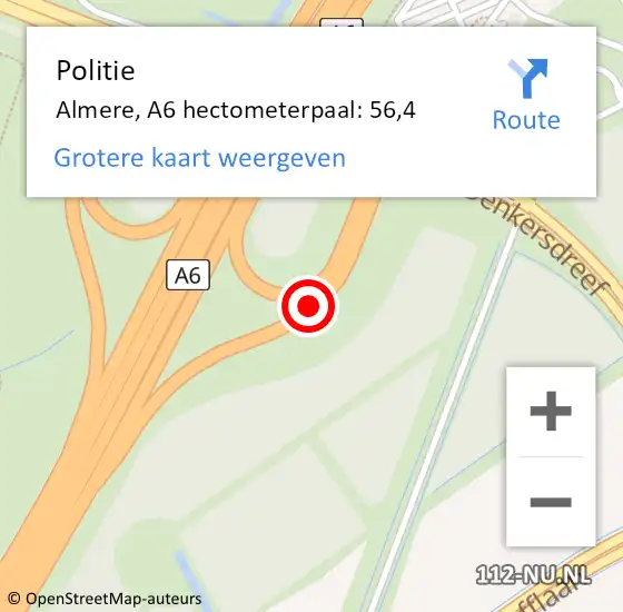 Locatie op kaart van de 112 melding: Politie Almere, A6 hectometerpaal: 56,4 op 18 mei 2024 13:51