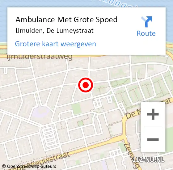 Locatie op kaart van de 112 melding: Ambulance Met Grote Spoed Naar IJmuiden, De Lumeystraat op 18 mei 2024 13:58