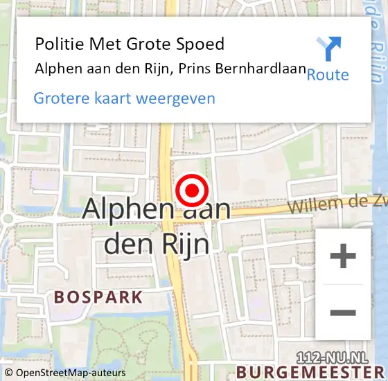 Locatie op kaart van de 112 melding: Politie Met Grote Spoed Naar Alphen aan den Rijn, Prins Bernhardlaan op 18 mei 2024 14:25