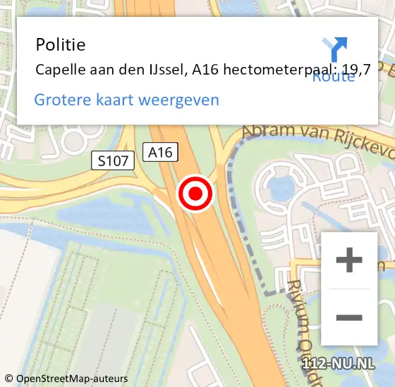Locatie op kaart van de 112 melding: Politie Capelle aan den IJssel, A16 hectometerpaal: 19,7 op 18 mei 2024 15:21