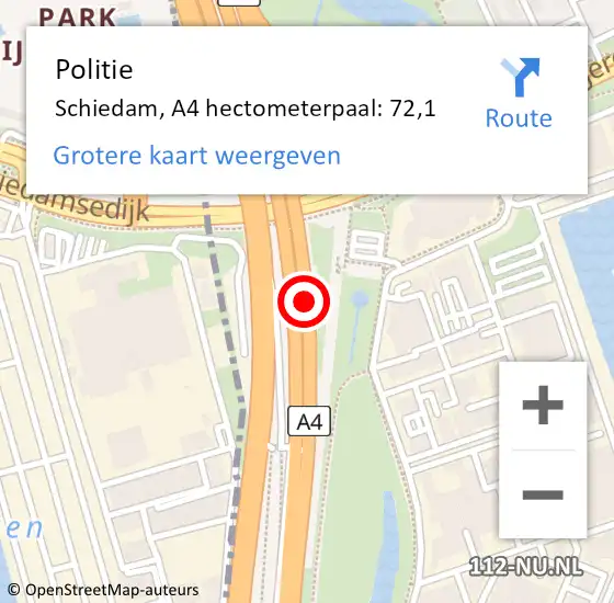 Locatie op kaart van de 112 melding: Politie Schiedam, A4 hectometerpaal: 72,1 op 18 mei 2024 15:57