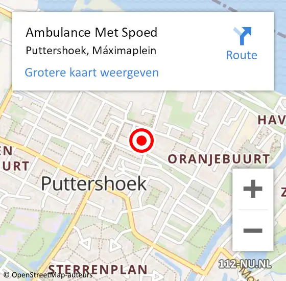 Locatie op kaart van de 112 melding: Ambulance Met Spoed Naar Puttershoek, Máximaplein op 18 mei 2024 16:27