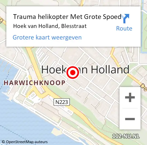 Locatie op kaart van de 112 melding: Trauma helikopter Met Grote Spoed Naar Hoek van Holland, Blesstraat op 18 mei 2024 16:58