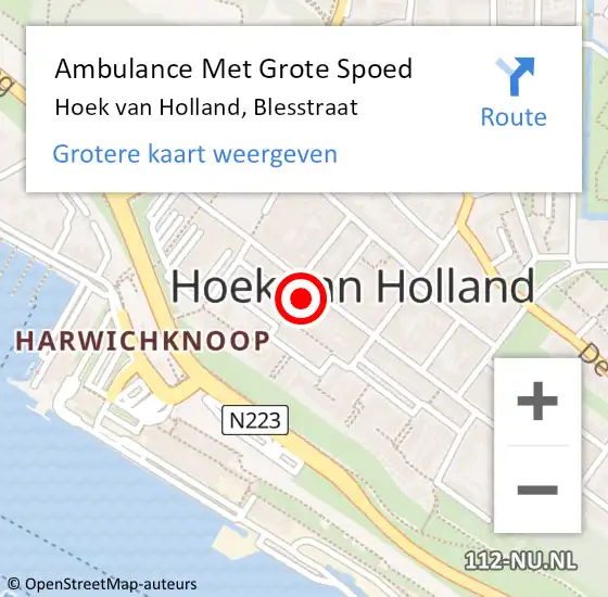 Locatie op kaart van de 112 melding: Ambulance Met Grote Spoed Naar Hoek van Holland, Blesstraat op 18 mei 2024 16:59