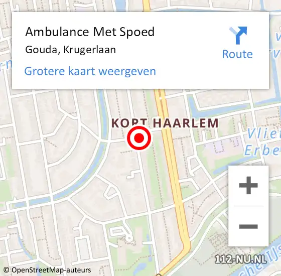 Locatie op kaart van de 112 melding: Ambulance Met Spoed Naar Gouda, Krugerlaan op 18 mei 2024 17:01