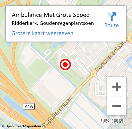 Locatie op kaart van de 112 melding: Ambulance Met Grote Spoed Naar Ridderkerk, Goudenregenplantsoen op 18 mei 2024 17:16