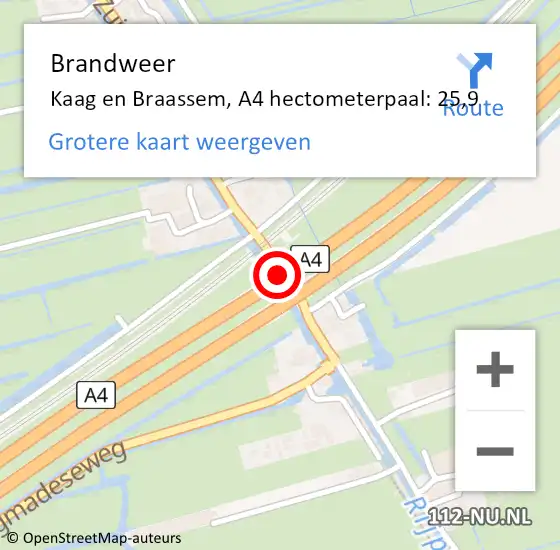 Locatie op kaart van de 112 melding: Brandweer Kaag en Braassem, A4 hectometerpaal: 25,9 op 18 mei 2024 17:51