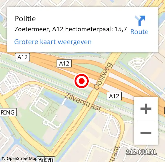 Locatie op kaart van de 112 melding: Politie Zoetermeer, A12 hectometerpaal: 15,7 op 18 mei 2024 17:57
