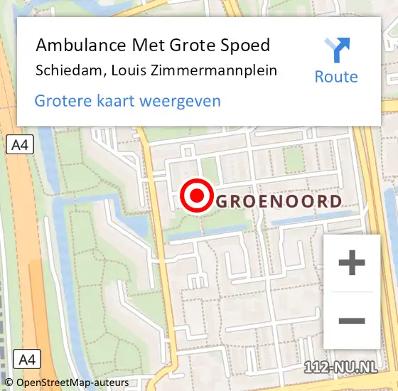 Locatie op kaart van de 112 melding: Ambulance Met Grote Spoed Naar Schiedam, Louis Zimmermannplein op 18 mei 2024 18:09
