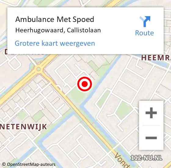Locatie op kaart van de 112 melding: Ambulance Met Spoed Naar Heerhugowaard, Callistolaan op 18 mei 2024 18:10