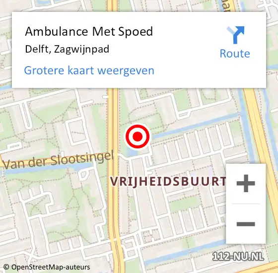Locatie op kaart van de 112 melding: Ambulance Met Spoed Naar Delft, Zagwijnpad op 18 mei 2024 18:18
