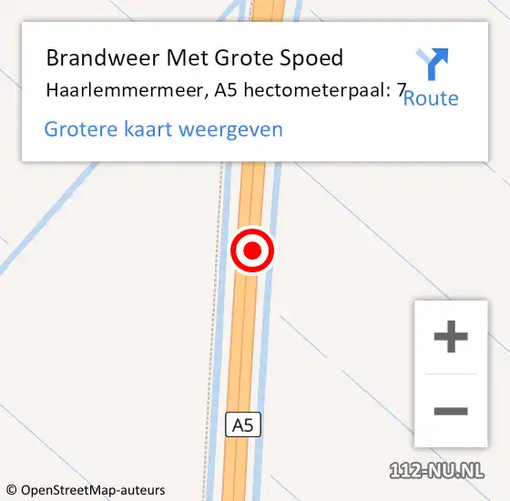 Locatie op kaart van de 112 melding: Brandweer Met Grote Spoed Naar Haarlemmermeer, A5 hectometerpaal: 7 op 18 mei 2024 18:25