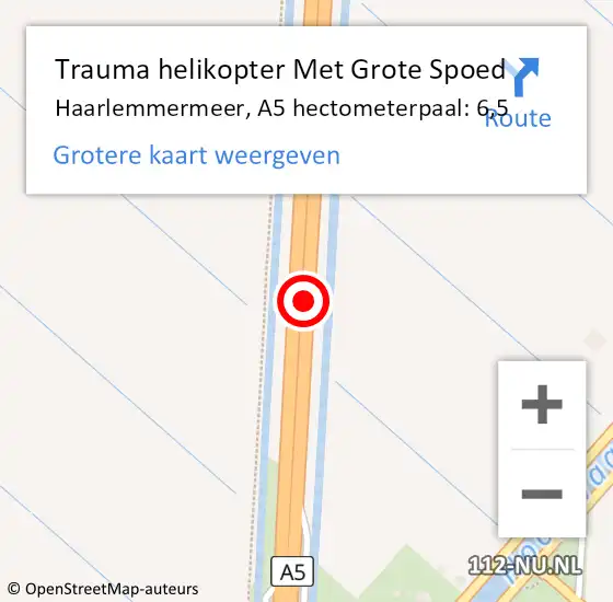 Locatie op kaart van de 112 melding: Trauma helikopter Met Grote Spoed Naar Haarlemmermeer, A5 hectometerpaal: 6,5 op 18 mei 2024 18:29
