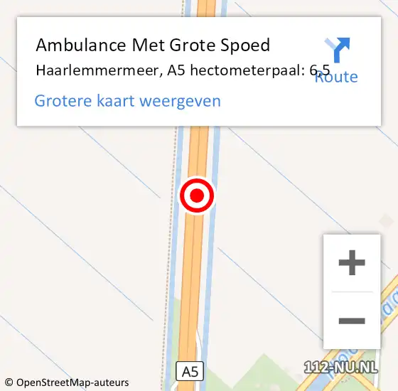 Locatie op kaart van de 112 melding: Ambulance Met Grote Spoed Naar Haarlemmermeer, A5 hectometerpaal: 6,5 op 18 mei 2024 18:31