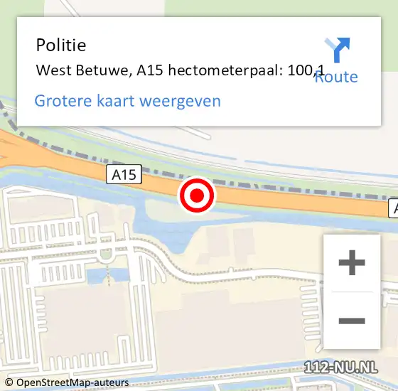 Locatie op kaart van de 112 melding: Politie West Betuwe, A15 hectometerpaal: 100,1 op 18 mei 2024 18:32