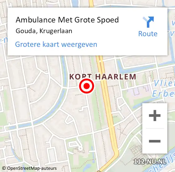 Locatie op kaart van de 112 melding: Ambulance Met Grote Spoed Naar Gouda, Krugerlaan op 18 mei 2024 18:33
