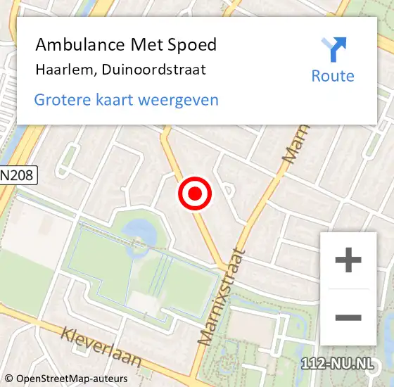 Locatie op kaart van de 112 melding: Ambulance Met Spoed Naar Haarlem, Duinoordstraat op 18 mei 2024 19:03