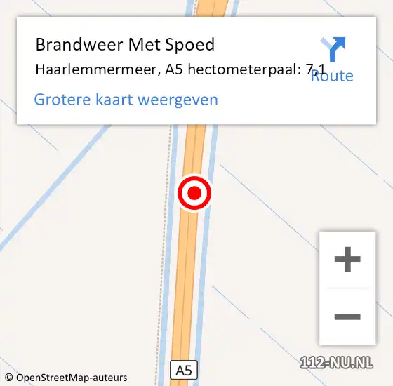 Locatie op kaart van de 112 melding: Brandweer Met Spoed Naar Haarlemmermeer, A5 hectometerpaal: 7,1 op 18 mei 2024 19:07