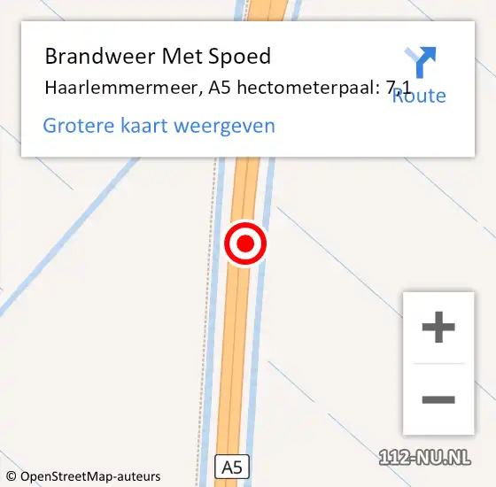 Locatie op kaart van de 112 melding: Brandweer Met Spoed Naar Haarlemmermeer, A5 hectometerpaal: 7,1 op 18 mei 2024 19:23