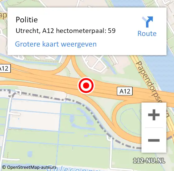 Locatie op kaart van de 112 melding: Politie Utrecht, A12 hectometerpaal: 59 op 18 mei 2024 19:48