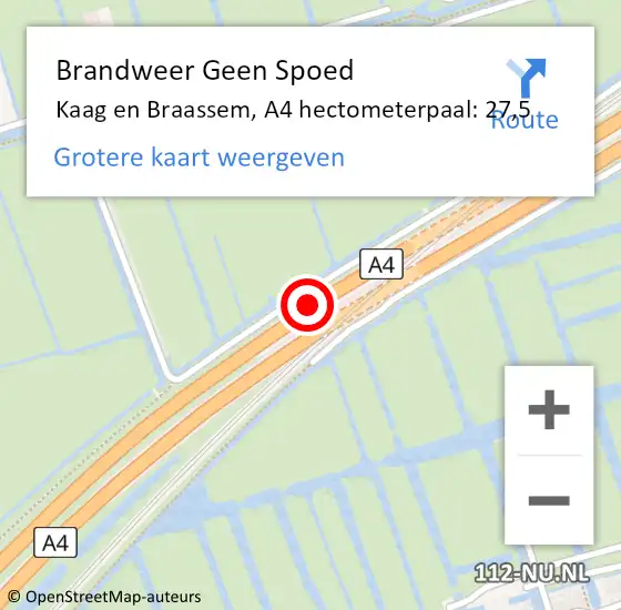 Locatie op kaart van de 112 melding: Brandweer Geen Spoed Naar Kaag en Braassem, A4 hectometerpaal: 27,5 op 18 mei 2024 20:21